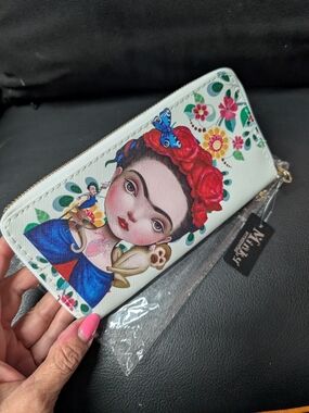 White Floral Frida-Style Zip Wallet with Red Accents